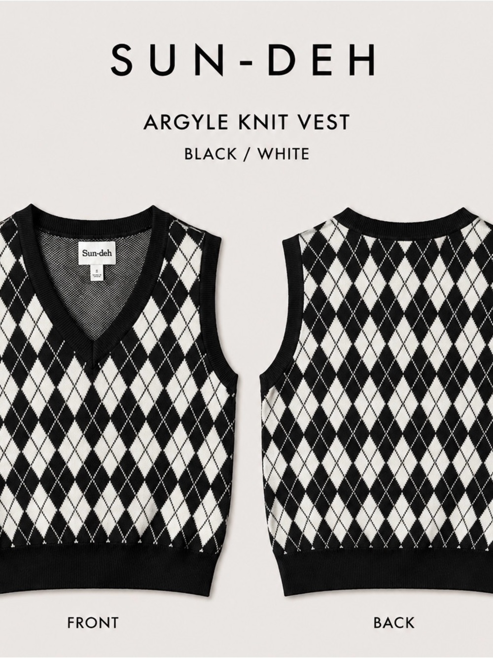 Sun-deh black and White Argyle Knit Crop Vest